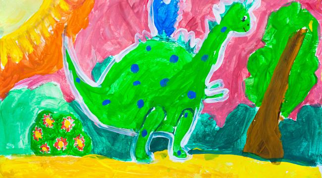 画一幅飞向蓝天的恐龙的画作